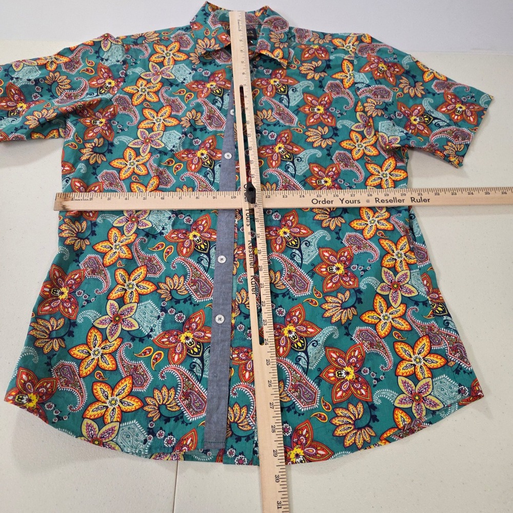 Cremieux Premium Denim Mens Medium Teal Paisley Floral Short Sleeve Button Shirt - Picture 4 of 5